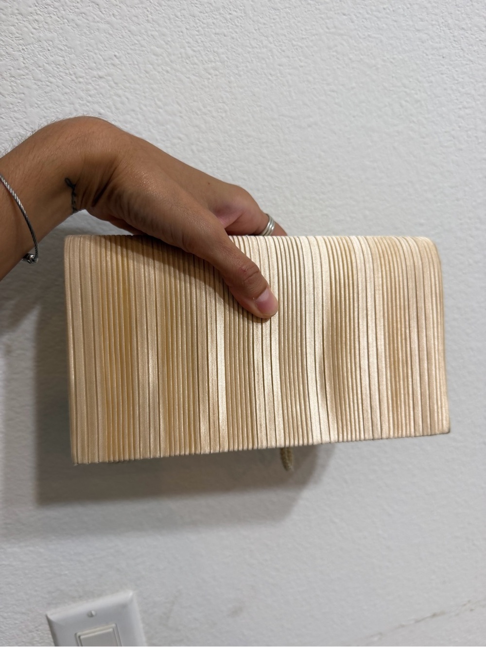 La Regale Pleated Satin Clutch in Champagne Beige